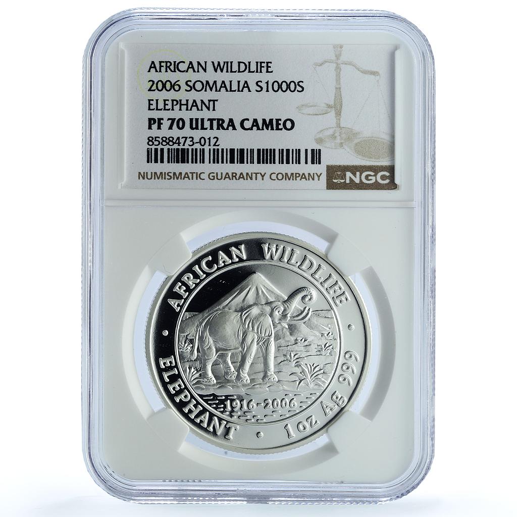 Somalia 1000 shillings Elephant KM-195 African Wildlife PF 70 NGC Ag coin 2006 Somalia 1000 shillings Elephant KM-195 African Wildlife PF 70 NGC Ag coin 2006