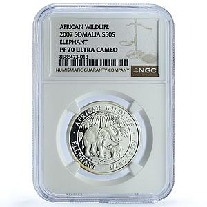 Somalia 50 shillings Elephant KM-178 African Wildlife PF 70 NGC silver coin 2007