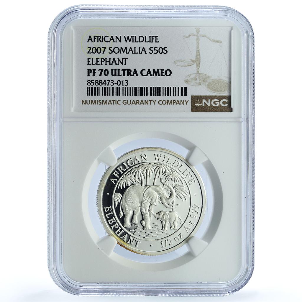 Somalia 50 shillings Elephant KM-178 African Wildlife PF 70 NGC silver coin 2007 Somalia 50 shillings Elephant KM-178 African Wildlife PF 70 NGC silver coin 2007