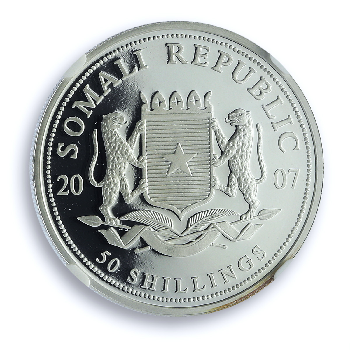 Somalia 50 shillings Elephant KM-178 African Wildlife PF 70 NGC silver coin 2007 Somalia 50 shillings Elephant KM-178 African Wildlife PF 70 NGC silver coin 2007