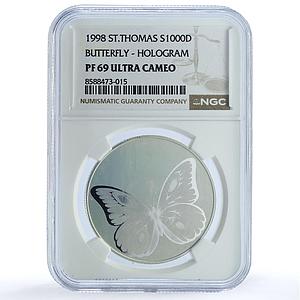 Sao Tome 1000 dobras Butterfly Hologram KM-82 Fauna PF 69 NGC silver coin 1998