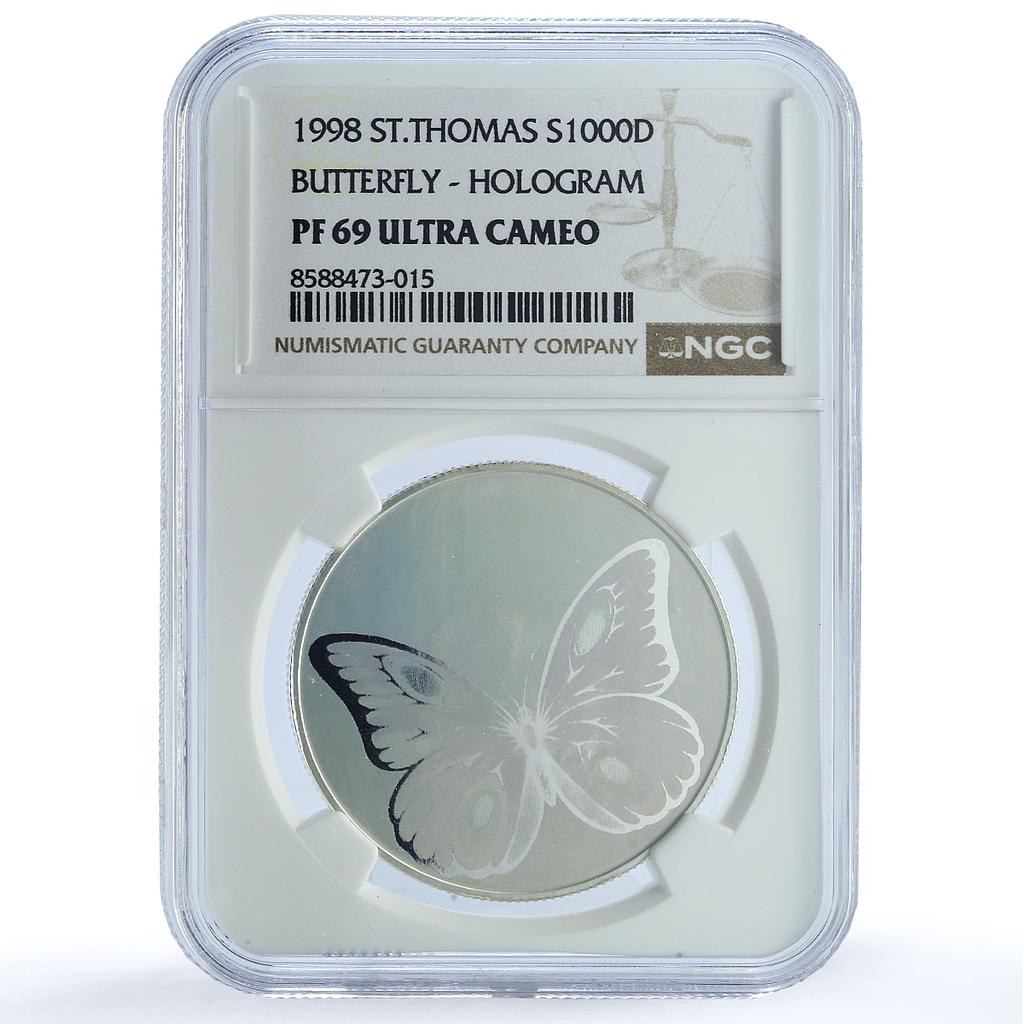 Sao Tome 1000 dobras Butterfly Hologram KM-82 Fauna PF 69 NGC silver coin 1998 Sao Tome 1000 dobras Butterfly Hologram KM-82 Fauna PF 69 NGC silver coin 1998