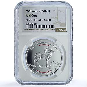 Armenia 100 dram Mouflon KM-177 Red Book Fauna Goat PF 70 NGC silver coin 2008