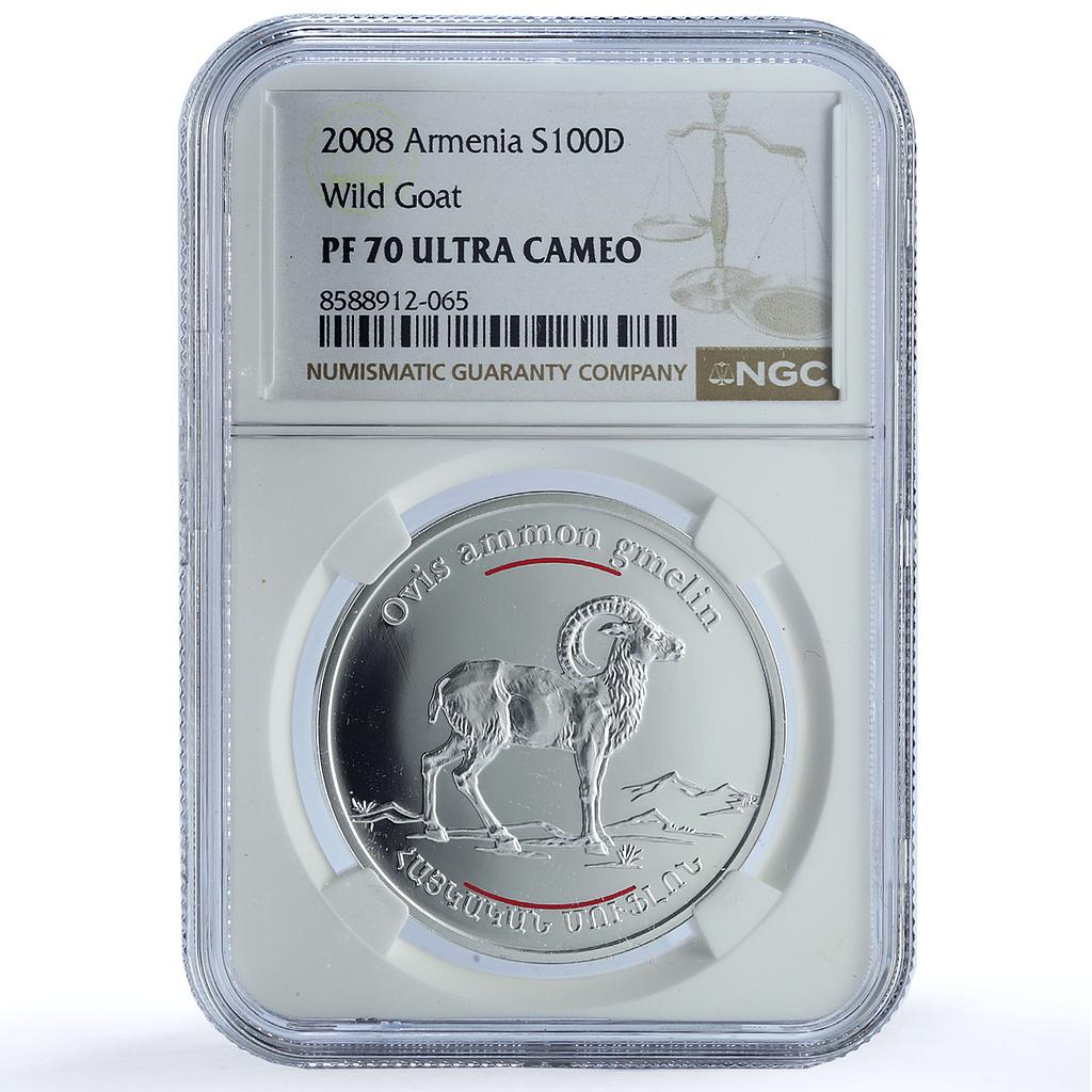Armenia 100 dram Mouflon KM-177 Red Book Fauna Goat PF 70 NGC silver coin 2008