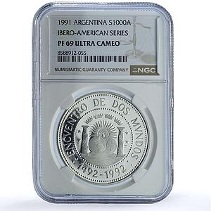 Argentina 1000 australes Ibero-American KM-106 Pillars PF69 NGC silver coin 1991