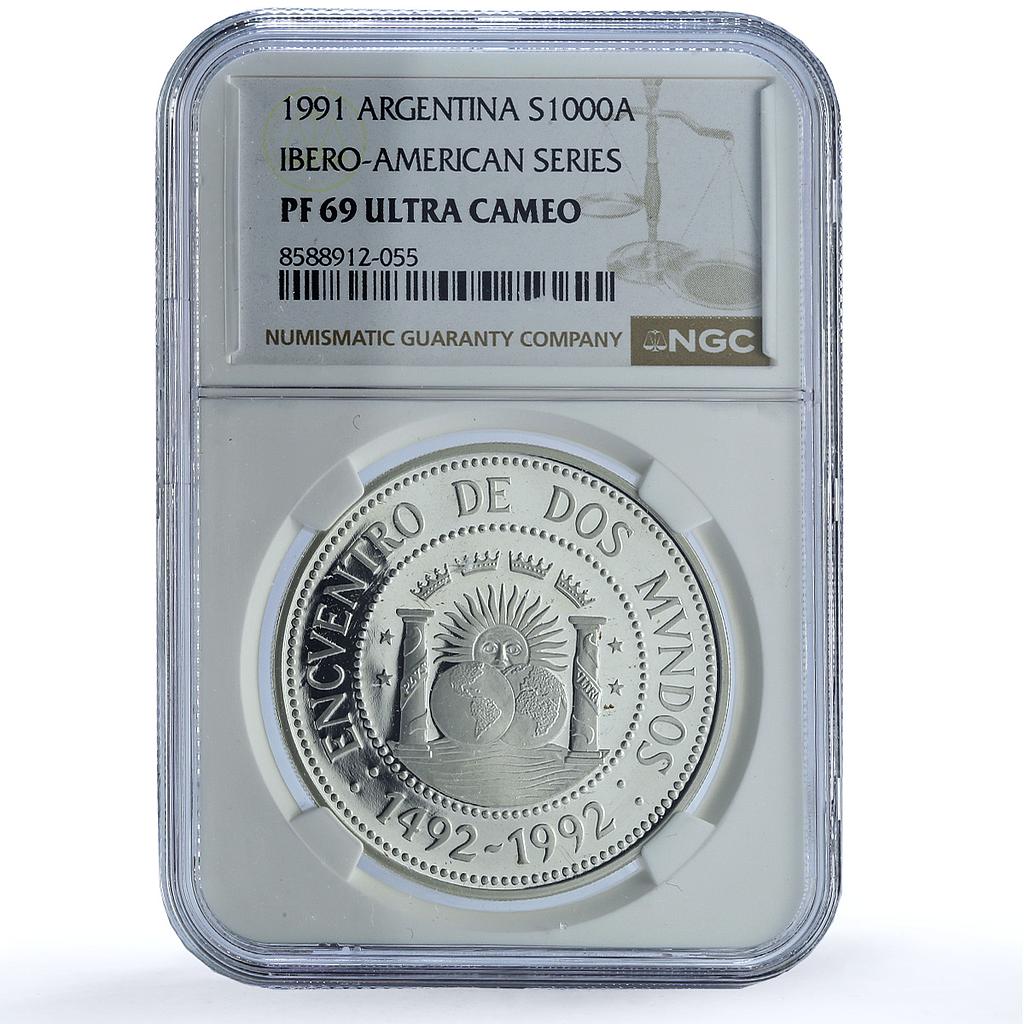 Argentina 1000 australes Ibero-American KM-106 Pillars PF69 NGC silver coin 1991