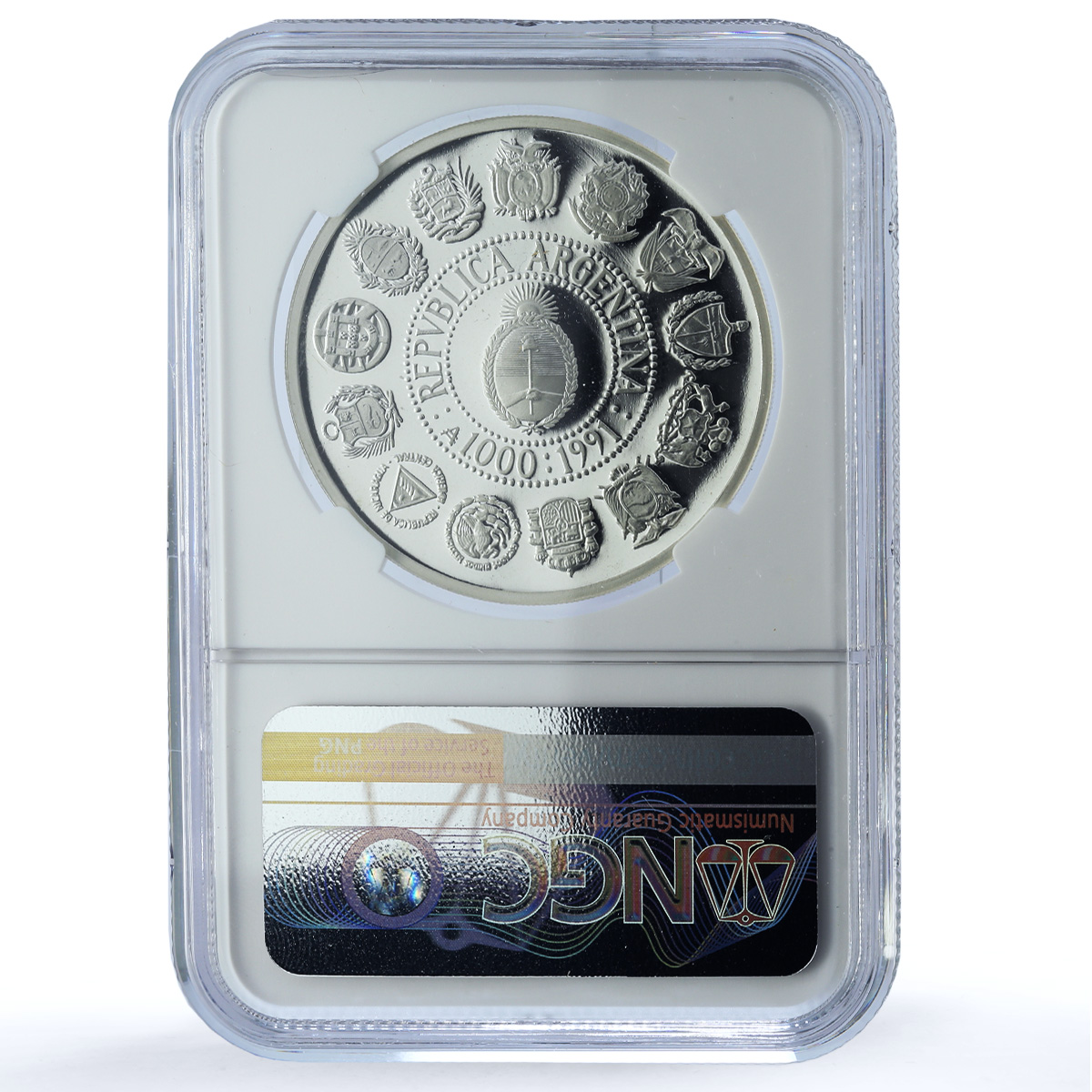 Argentina 1000 australes Ibero-American KM-106 Pillars PF69 NGC silver coin 1991
