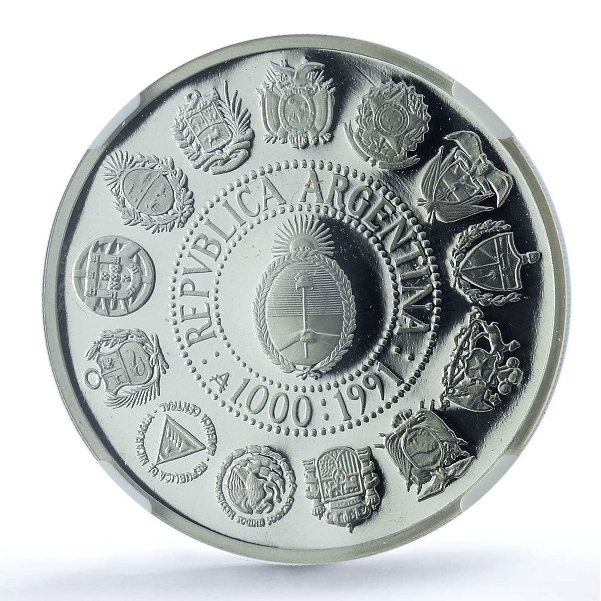 Argentina 1000 australes Ibero-American KM-106 Pillars PF69 NGC silver coin 1991