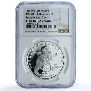 Bosnia 750 dinara Tyrannosaurus Rex KM-5 Dinosaurs PF 68 NGC silver coin 1997