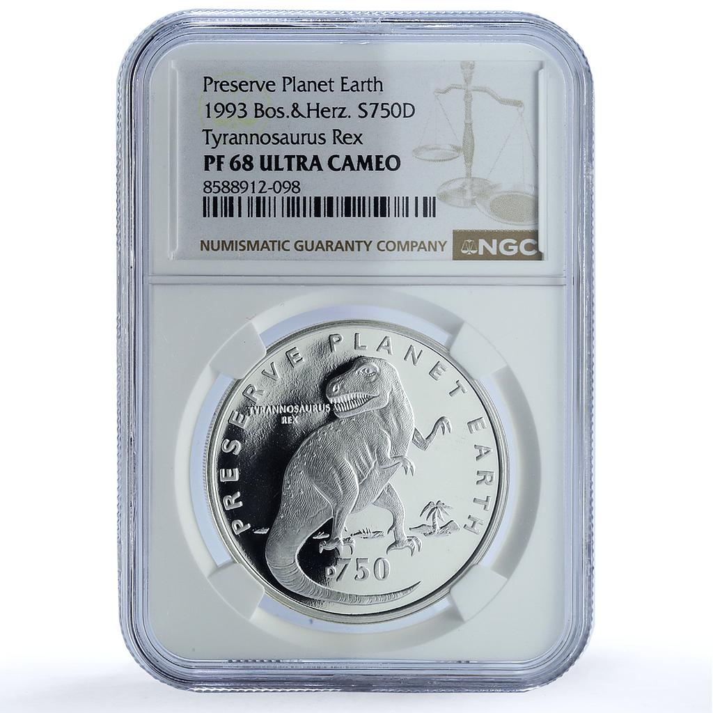 Bosnia 750 dinara Tyrannosaurus Rex KM-5 Dinosaurs PF 68 NGC silver coin 1997 Bosnia 750 dinara Tyrannosaurus Rex KM-5 Dinosaurs PF 68 NGC silver coin 1997