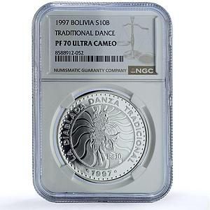 Bolivia 10 bolivianos Diablada Ibero-American Dances PF 70 NGC silver coin 1997
