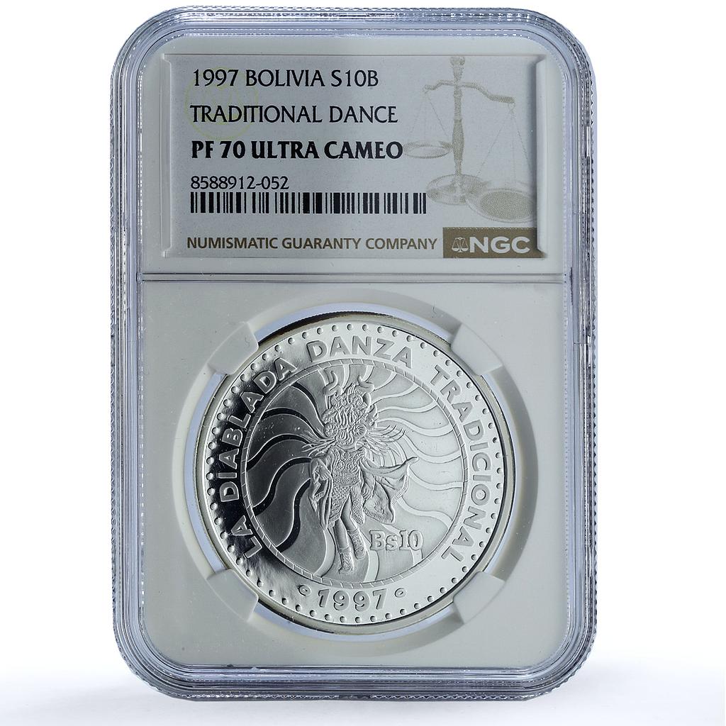 Bolivia 10 bolivianos Diablada Ibero-American Dances PF 70 NGC silver coin 1997 Bolivia 10 bolivianos Diablada Ibero-American Dances PF 70 NGC silver coin 1997