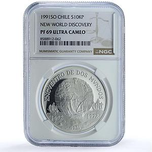 Chile 10000 pesos Ibero-American KM-230 Globe Ship PF 69 NGC silver coin 1991