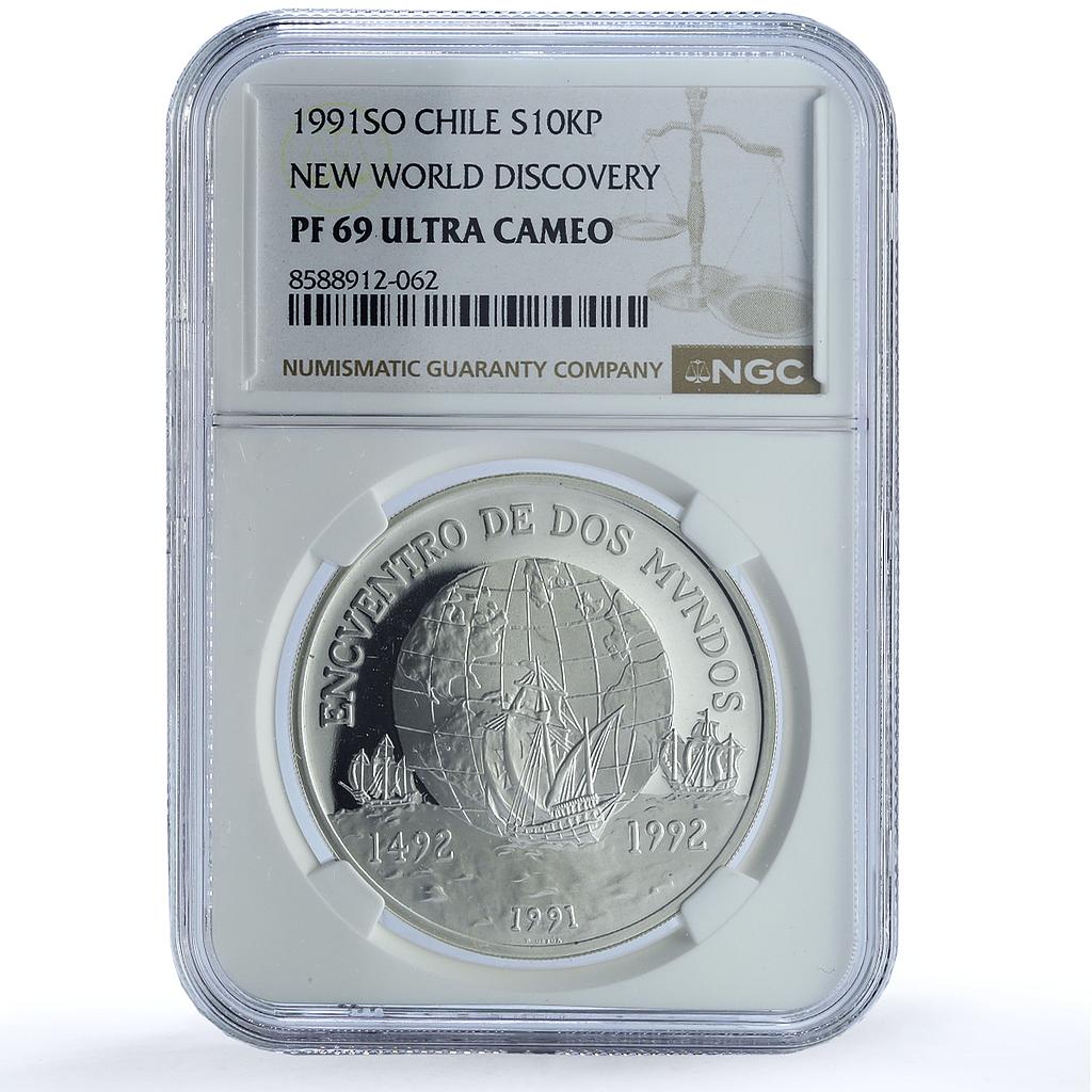Chile 10000 pesos Ibero-American KM-230 Globe Ship PF 69 NGC silver coin 1991 Chile 10000 pesos Ibero-American KM-230 Globe Ship PF 69 NGC silver coin 1991