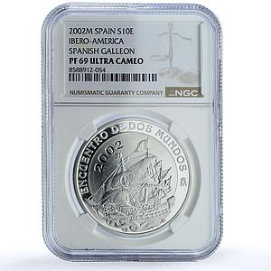 Spain 10 euros Galleon Ibero-American Navigation Ship PF 69 NGC silver coin 2002