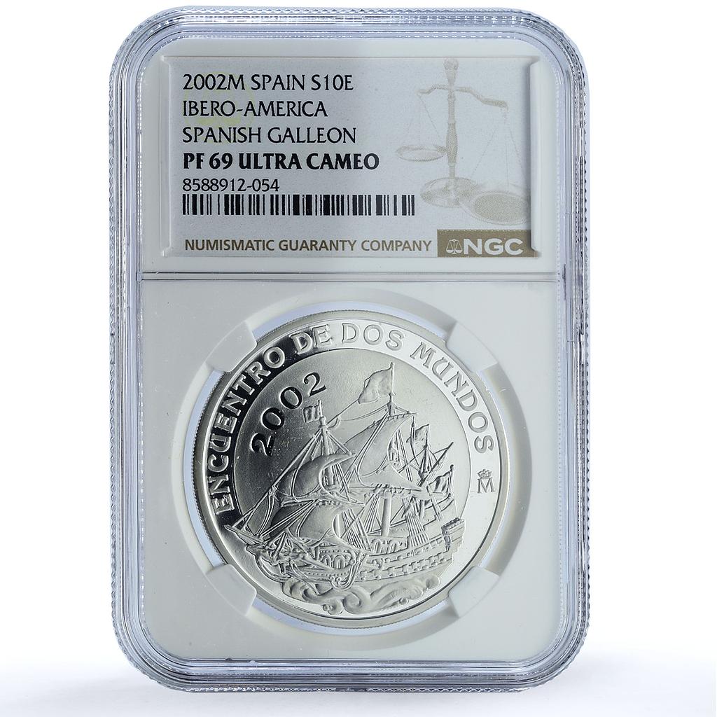 Spain 10 euros Galleon Ibero-American Navigation Ship PF 69 NGC silver coin 2002