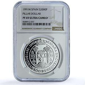 Spain 2000 pesetas Pillar Dollar KM-891 Ibero-American PF69 NGC silver coin 1991