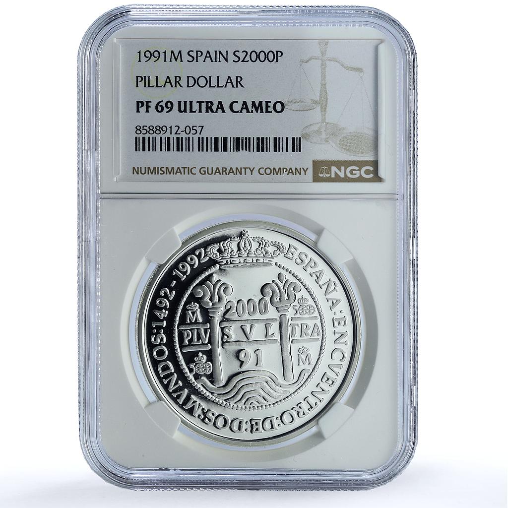 Spain 2000 pesetas Pillar Dollar KM-891 Ibero-American PF69 NGC silver coin 1991