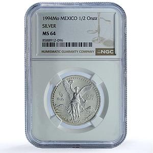 Mexico 1/2 onza Libertad Angel of Independence KM-545 MS 64 NGC silver coin 1994