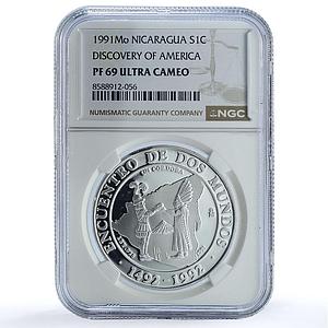 Nicaragua 1 cordoba Ibero-American KM-77 Dos Mundos PF 69 NGC silver coin 1991