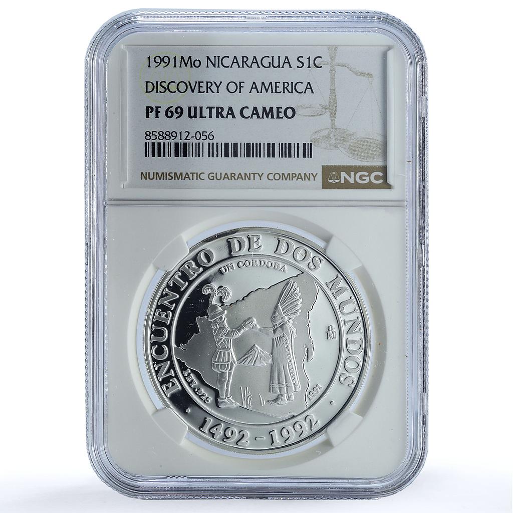 Nicaragua 1 cordoba Ibero-American KM-77 Dos Mundos PF 69 NGC silver coin 1991 Nicaragua 1 cordoba Ibero-American KM-77 Dos Mundos PF 69 NGC silver coin 1991