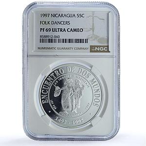 Nicaragua 5 cordobas Inditas Ibero-American Dances PF 69 NGC silver coin 1997
