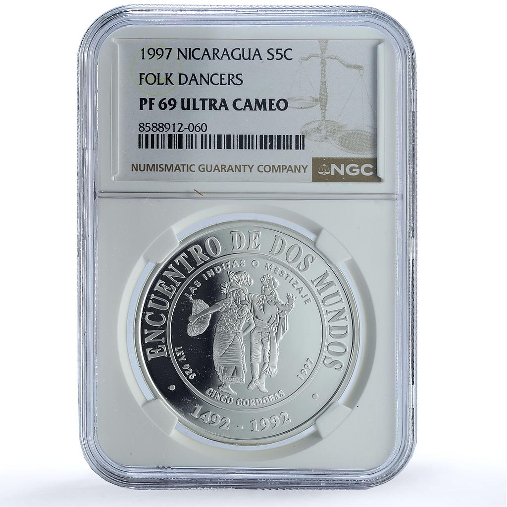 Nicaragua 5 cordobas Inditas Ibero-American Dances PF 69 NGC silver coin 1997 Nicaragua 5 cordobas Inditas Ibero-American Dances PF 69 NGC silver coin 1997