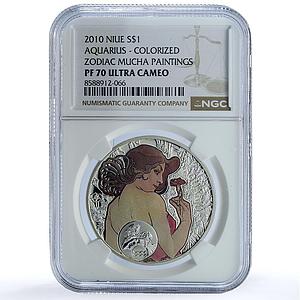 Niue 1 dollar Aquarius KM-505 Mucha Zodiac Signs Art PF 70 NGC silver coin 2010