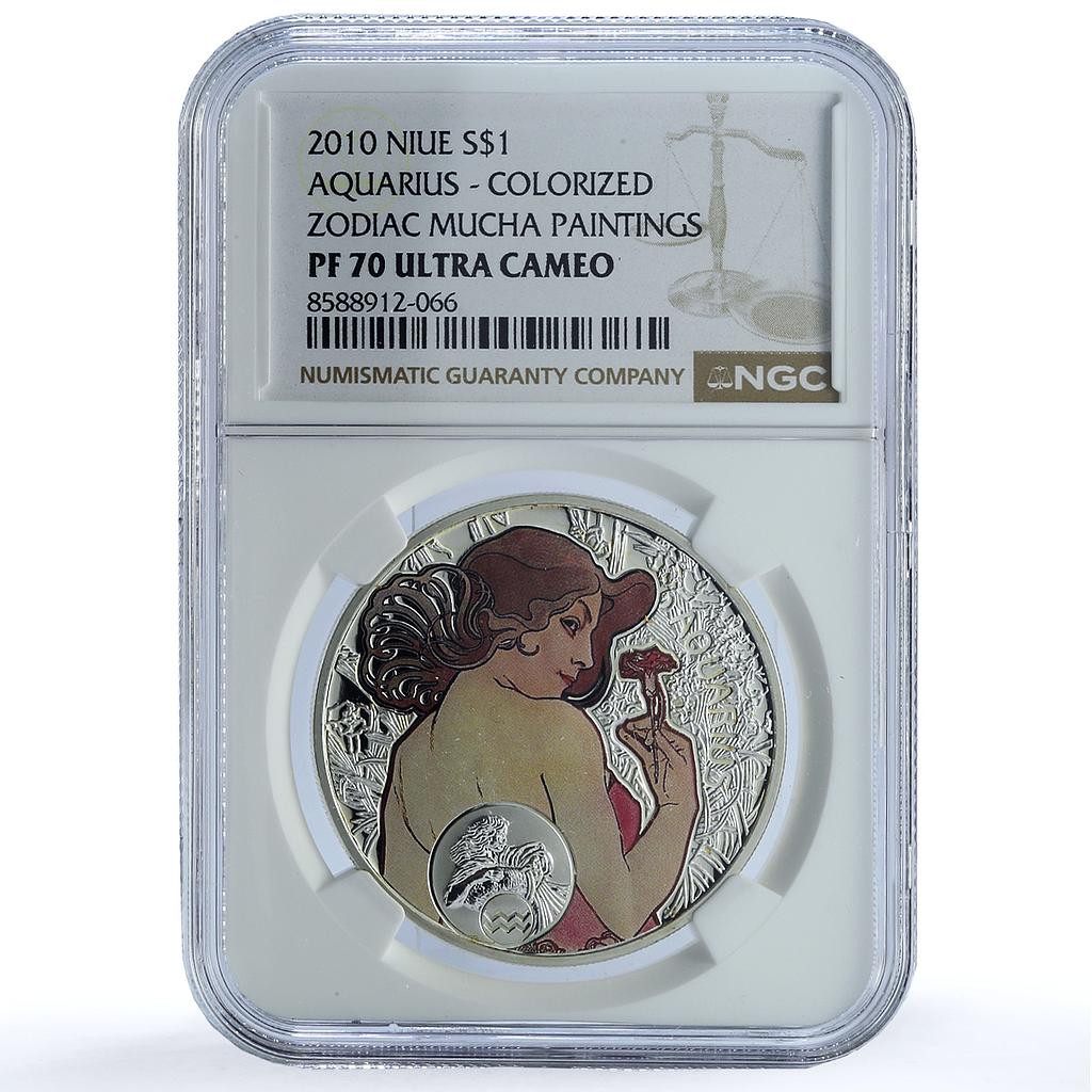 Niue 1 dollar Aquarius KM-505 Mucha Zodiac Signs Art PF 70 NGC silver coin 2010