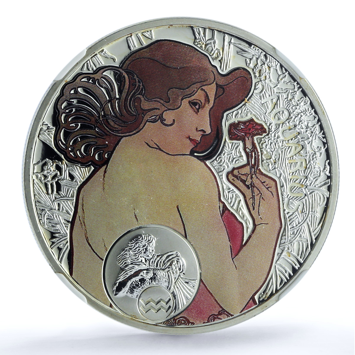 Niue 1 dollar Aquarius KM-505 Mucha Zodiac Signs Art PF 70 NGC silver coin 2010