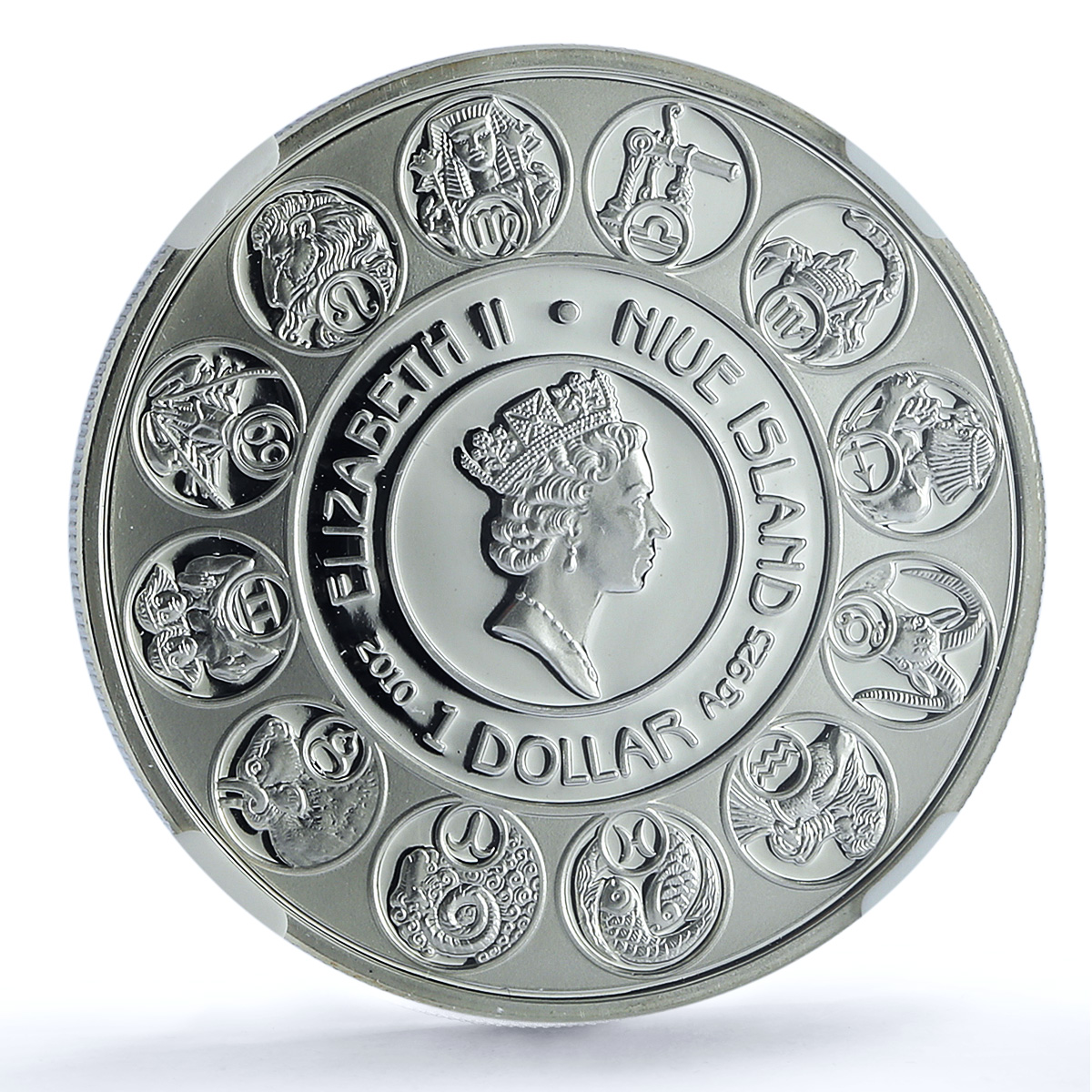 Niue 1 dollar Aquarius KM-505 Mucha Zodiac Signs Art PF 70 NGC silver coin 2010