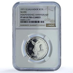 El Salvador 5 colones Independence KM-142 Jose Simeon PF 68 NGC silver coin 1971