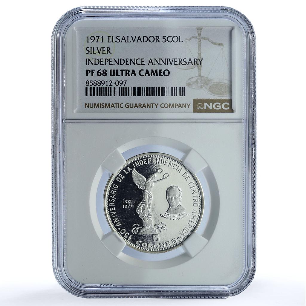 El Salvador 5 colones Independence KM-142 Jose Simeon PF 68 NGC silver coin 1971 El Salvador 5 colones Independence KM-142 Jose Simeon PF 68 NGC silver coin 1971