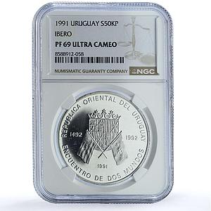 Uruguay 50000 pesos Ibero-American KM-100 Flags PF 69 NGC silver coin 1991