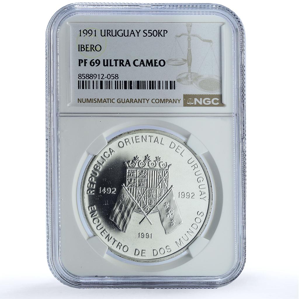Uruguay 50000 pesos Ibero-American KM-100 Flags PF 69 NGC silver coin 1991 Uruguay 50000 pesos Ibero-American KM-100 Flags PF 69 NGC silver coin 1991