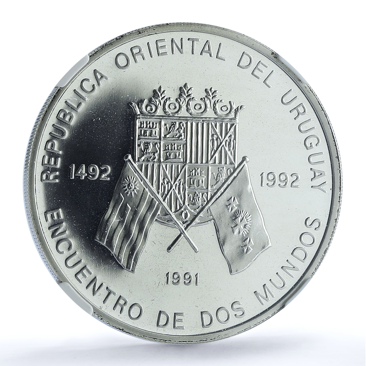 Uruguay 50000 pesos Ibero-American KM-100 Flags PF 69 NGC silver coin 1991 Uruguay 50000 pesos Ibero-American KM-100 Flags PF 69 NGC silver coin 1991