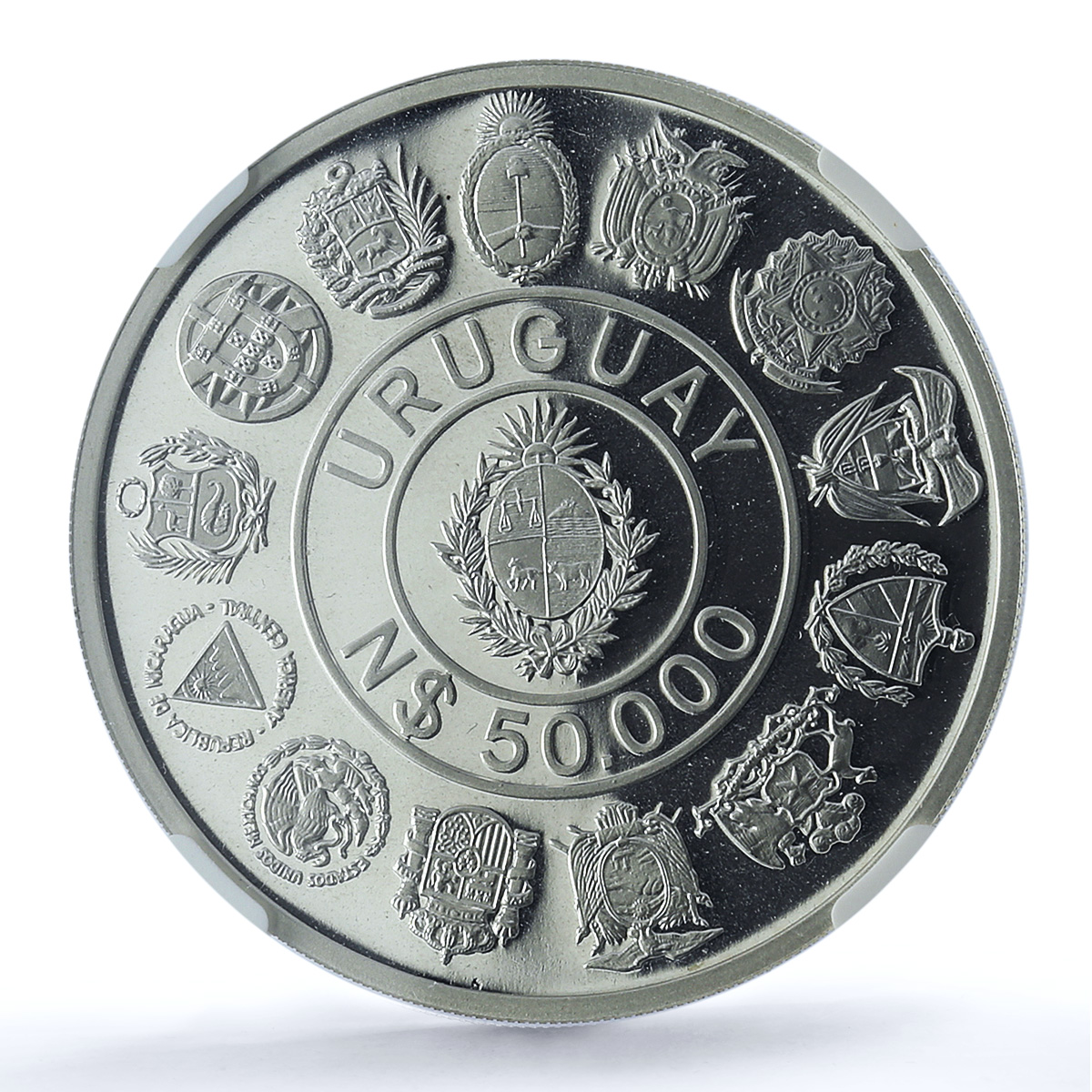 Uruguay 50000 pesos Ibero-American KM-100 Flags PF 69 NGC silver coin 1991 Uruguay 50000 pesos Ibero-American KM-100 Flags PF 69 NGC silver coin 1991