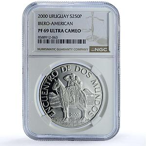 Uruguay 250 pesos Man Horse KM- 117 Ibero-American PF 69 NGC silver coin 2000