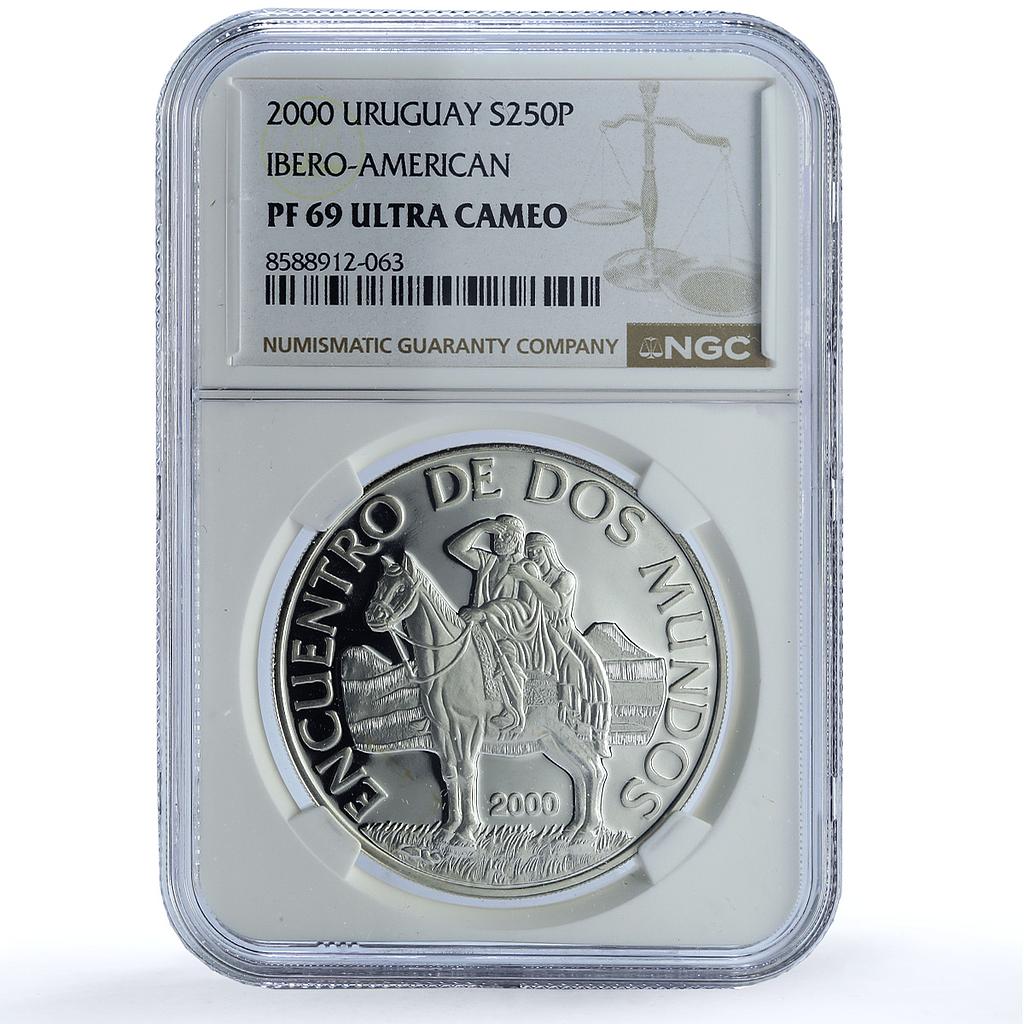 Uruguay 250 pesos Man Horse KM- 117 Ibero-American PF 69 NGC silver coin 2000