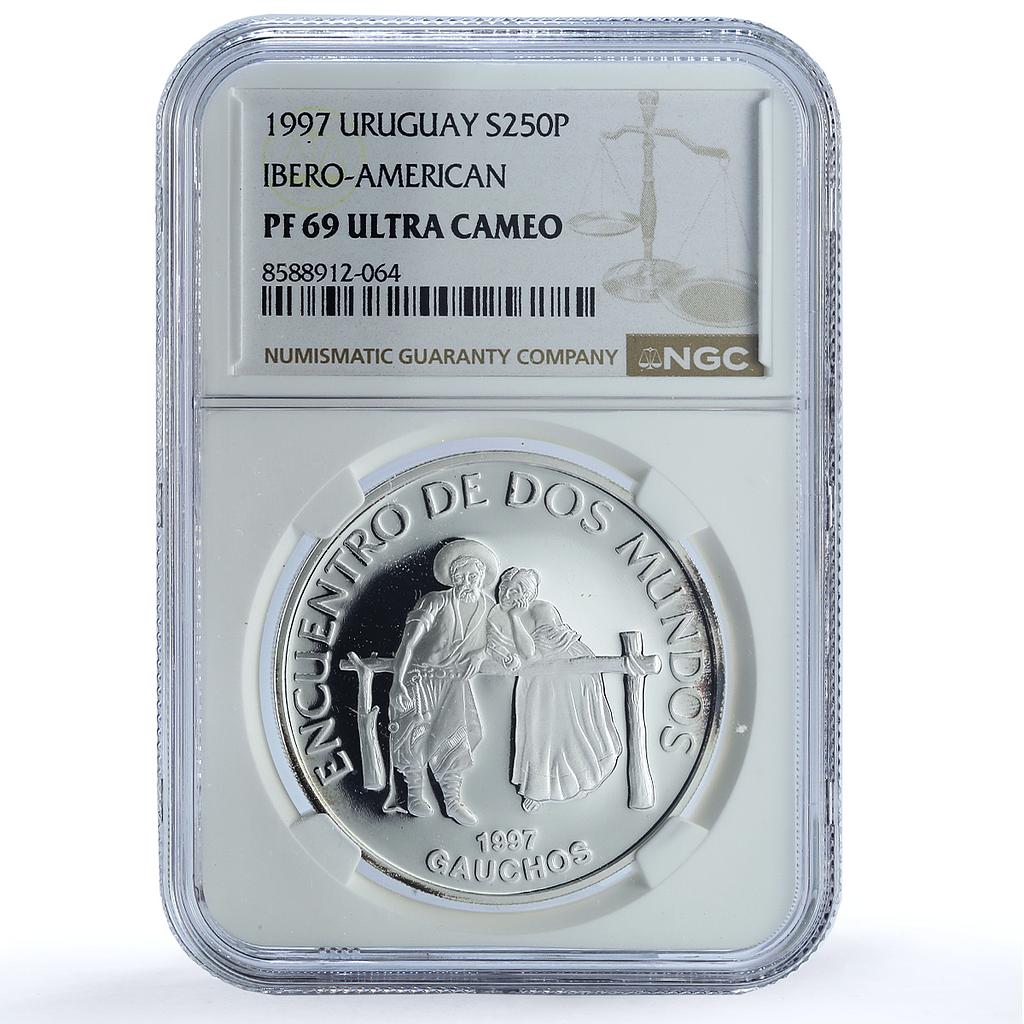 Uruguay 250 pesos Gauchos Ibero-American Dances PF 69 NGC silver coin 1997