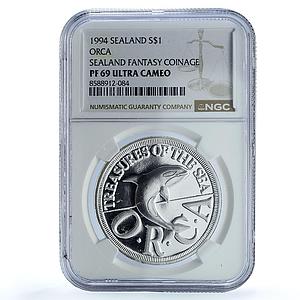 Sealand 1 dollar Orca Whale Sea Treasures Fantasy X#9 PF 69 NGC silver coin 1994