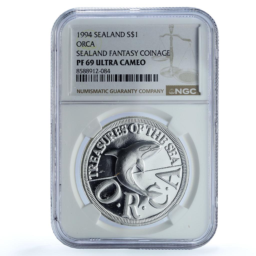 Sealand 1 dollar Orca Whale Sea Treasures Fantasy X#9 PF 69 NGC silver coin 1994 Sealand 1 dollar Orca Whale Sea Treasures Fantasy X#9 PF 69 NGC silver coin 1994