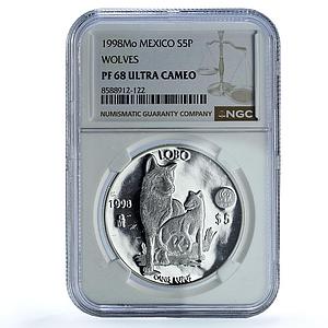 Mexico 5 pesos Lobo KM-627 Wildlife Fauna WWF Wolf PF 68 NGC silver coin 1998