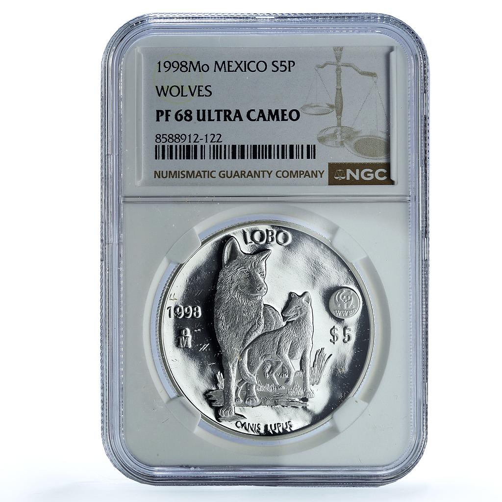 Mexico 5 pesos Lobo KM-627 Wildlife Fauna WWF Wolf PF 68 NGC silver coin 1998