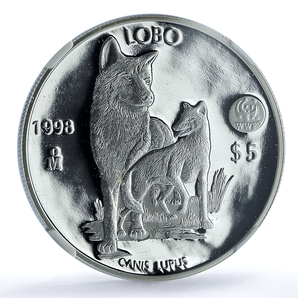 Mexico 5 pesos Lobo KM-627 Wildlife Fauna WWF Wolf PF 68 NGC silver coin 1998