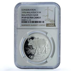 Malaysia 15 ringgit Gaur KM-19 Conservation Fauna Bull PF69 NGC silver coin 1976