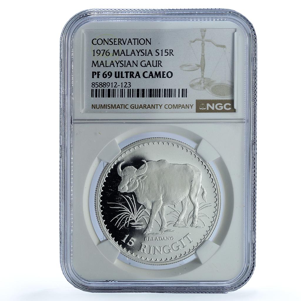 Malaysia 15 ringgit Gaur KM-19 Conservation Fauna Bull PF69 NGC silver coin 1976 Malaysia 15 ringgit Gaur KM-19 Conservation Fauna Bull PF69 NGC silver coin 1976