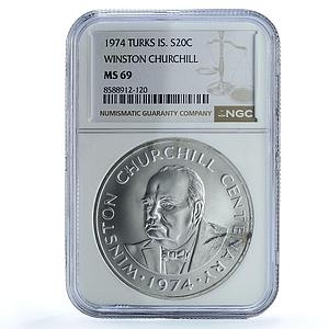 Turks Caicos Islands 20 crowns Churchill KM-2 MS 69 NGC silver coin 1974