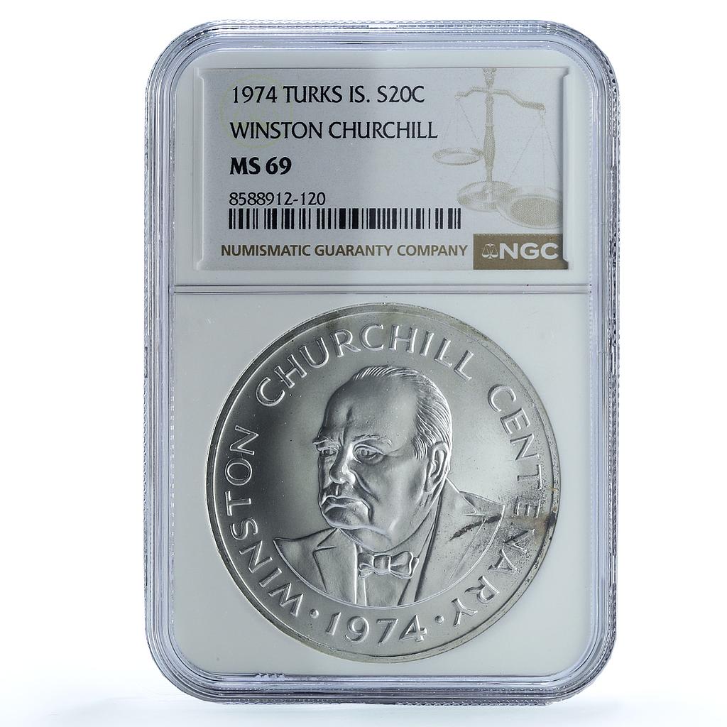 Turks Caicos Islands 20 crowns Churchill KM-2 MS 69 NGC silver coin 1974 Turks Caicos Islands 20 crowns Churchill KM-2 MS 69 NGC silver coin 1974