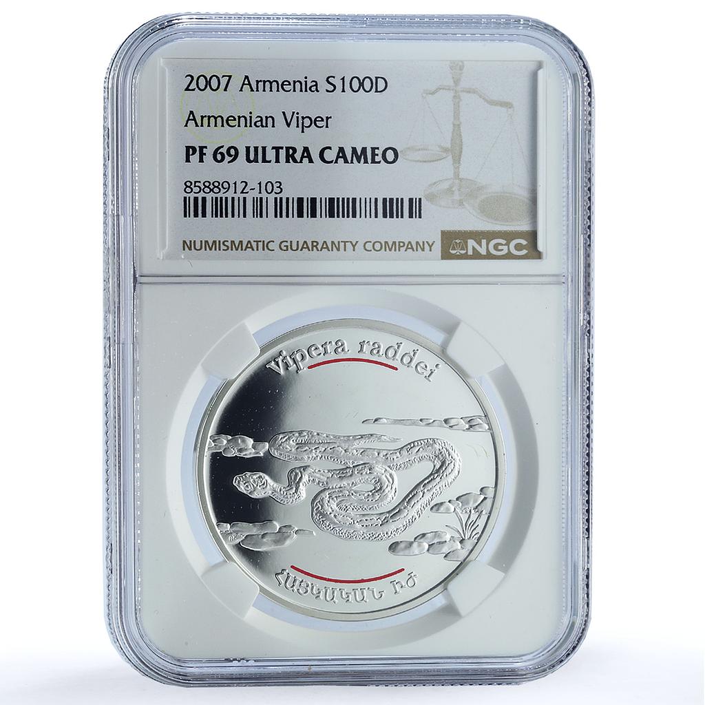 Armenia 100 dram Viper KM-154 Red Book Fauna Snake PF 69 NGC silver coin 2007
